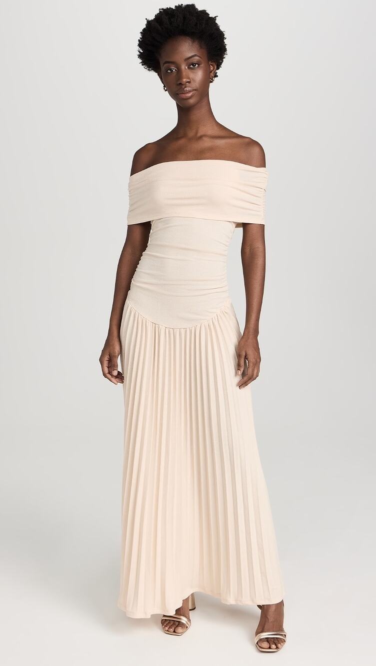 Lioness Field of Dreams Cream Off the Shoulder Pleated Maxi Dress Size Small